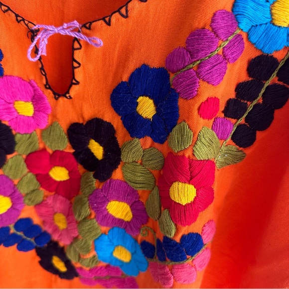 Embroidered Mexican Orange Blouse Top Embroidery 70’s Vibe Flower Power Small - Picture 4 of 7